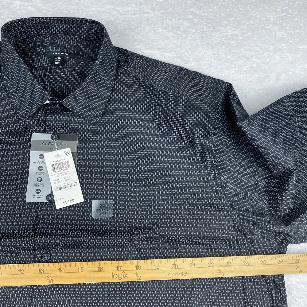 ALFANI Dress Shirt Mens 17-17.5/34-35 Black Geometric Regular Fit Stretch NWT!